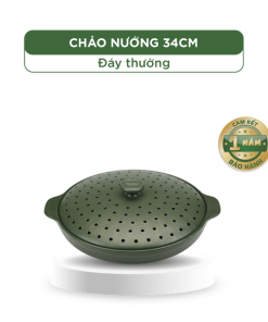 Chảo nướng dưỡng sinh 34 cm + nắp có lỗ - Healthy Cook - Xanh Rêu