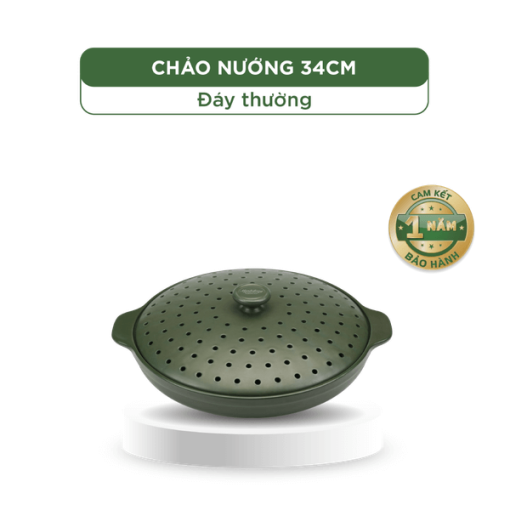 Chảo nướng dưỡng sinh 34 cm + nắp có lỗ - Healthy Cook - Xanh Rêu